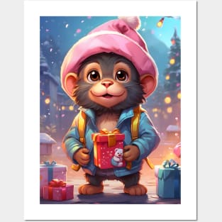 Cute Monkey with Christmas Present Posters and Art